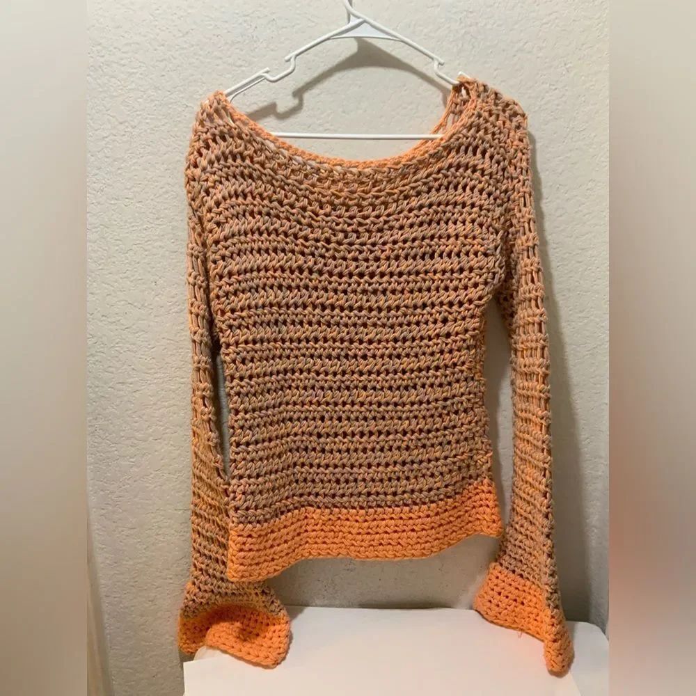 crewneck handmade sweater orange loose knit Sweater Pullover Crochet Style